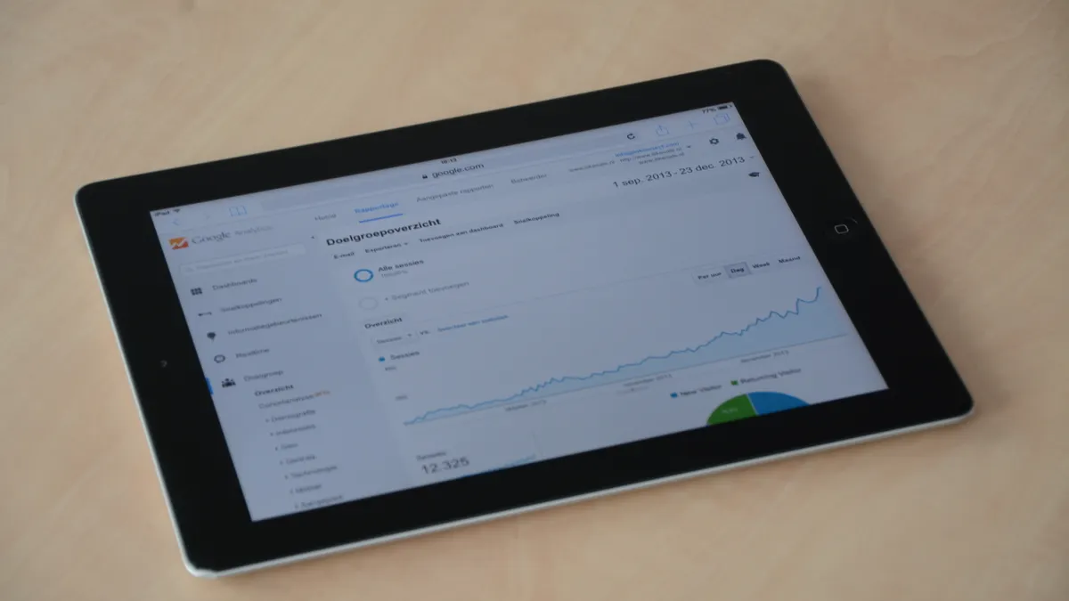 tablet showing an analytics dashboard with charts